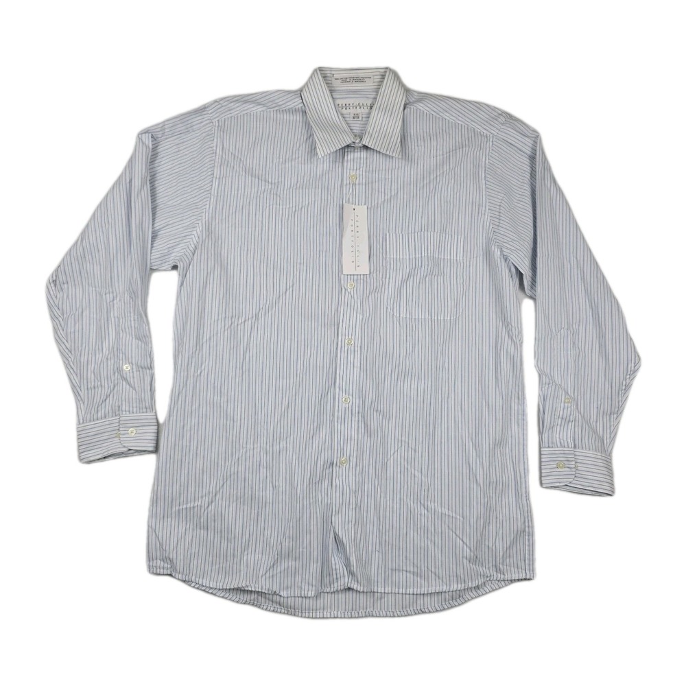 Perry Ellis Portfolio Men White Blue Pinstripe Dress Shirt 15.5 32-33 NWT